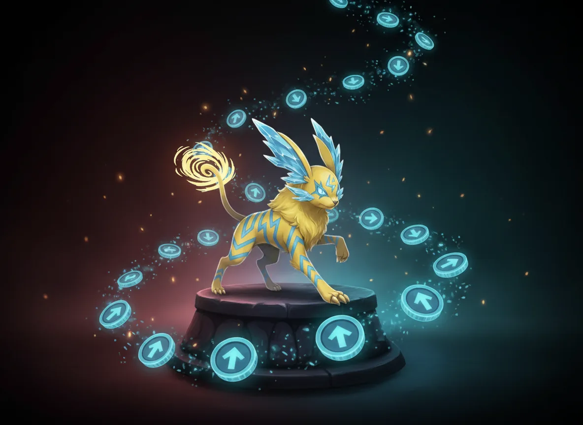 An electric monster on a pedestal surrounded by a spiral of glowing FONE coins