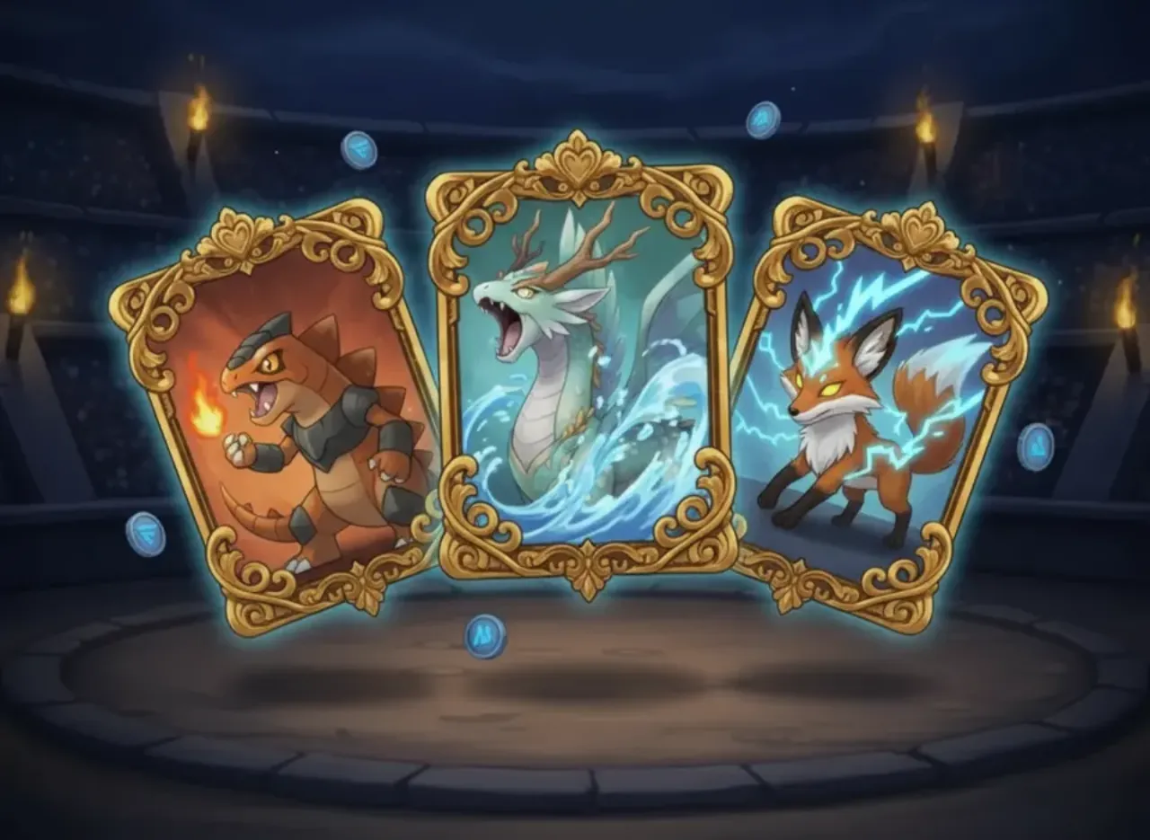 Three monster cards forming a squad